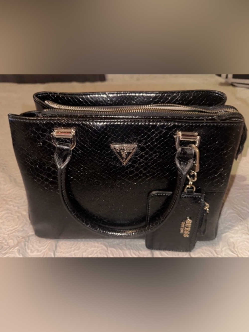 Guess Black Embossed Leather Satchel with Gold Hardware